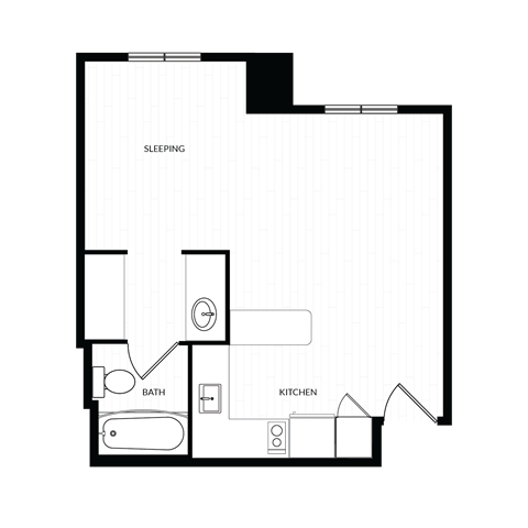 A floor plan of a room with a sleeping area, kitchen, and bathroom.